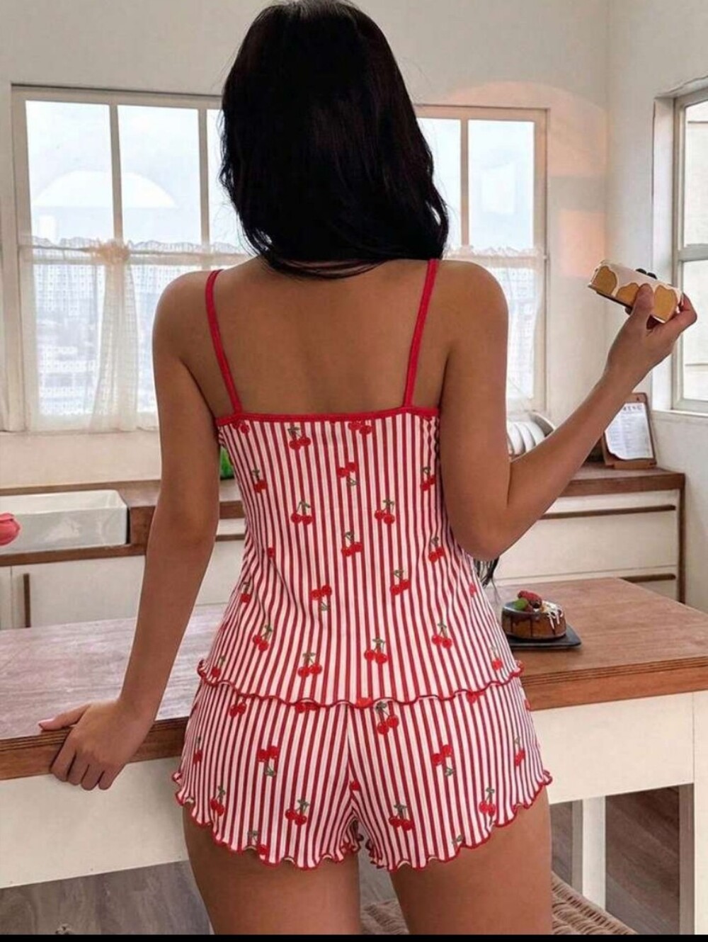Striped Strawberry Print Cami & Shorts Pajama Set - Red & White